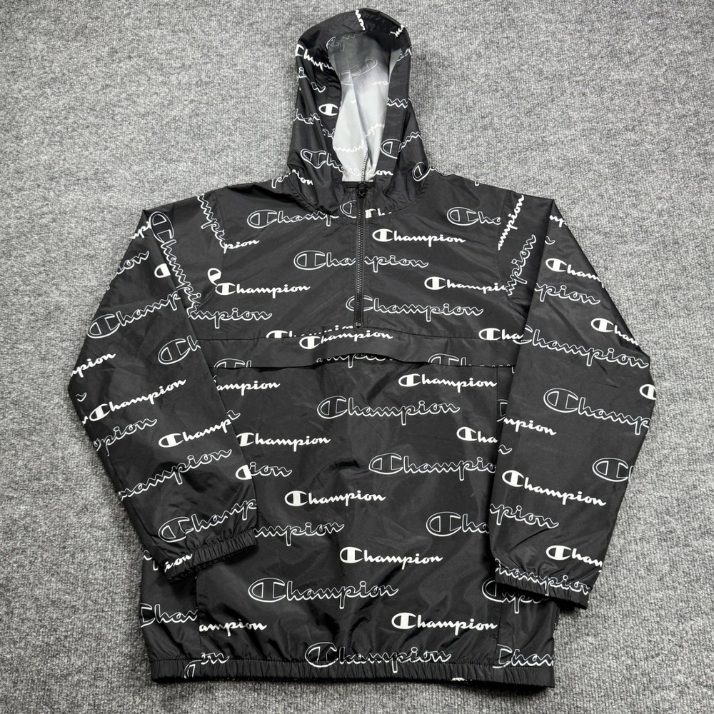 Champion Windbreaker Mens L Black Script Logo All Over Print Anorak Jacket